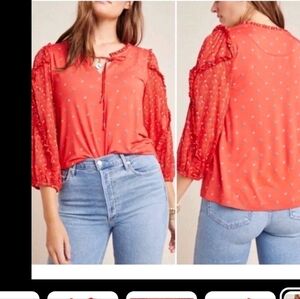 Maeve Anthropologie Women's Small Red Blouse Ruffle Trim Long‎ Sleeve Top